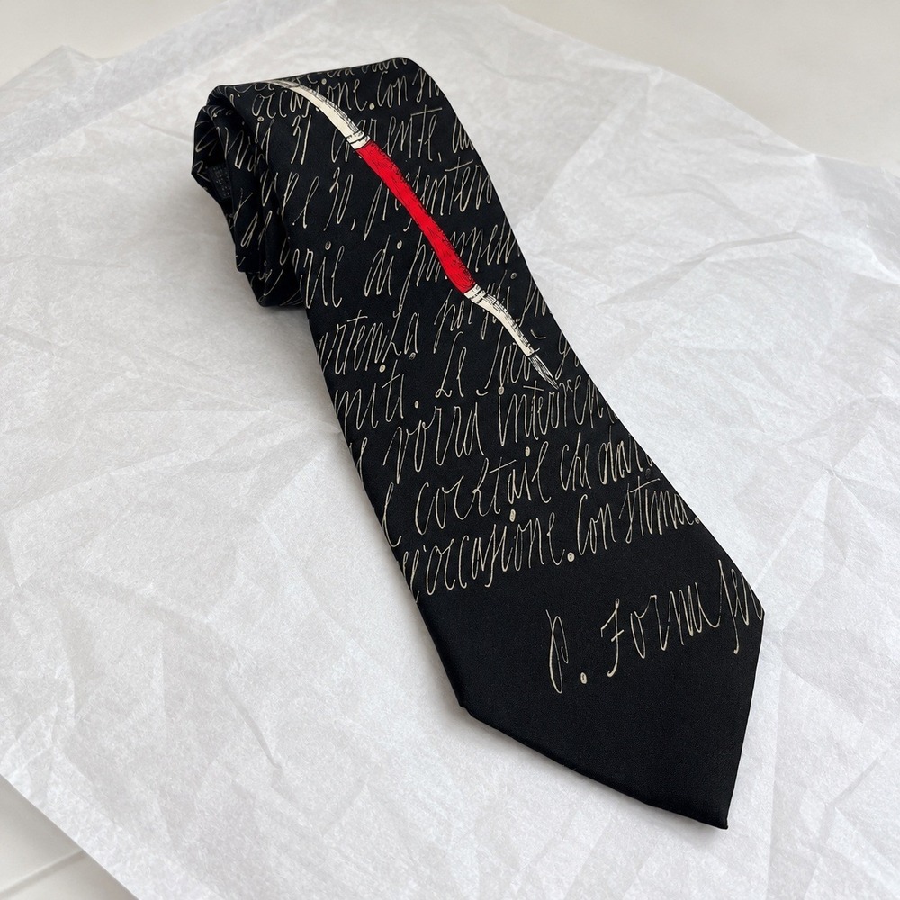 VTG Fornasetti Milano Silk Tie Black Calligraphy Script Trompe L'oeil Pen Italy